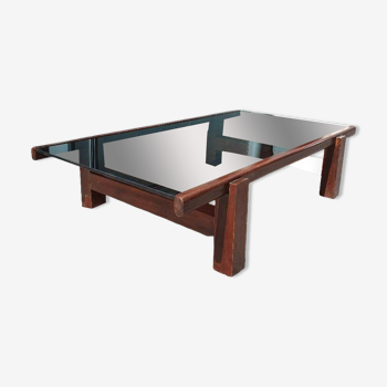 Large coffee table, wood and smoked glass, 1970