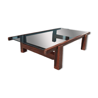 Large coffee table, wood and smoked glass, 1970