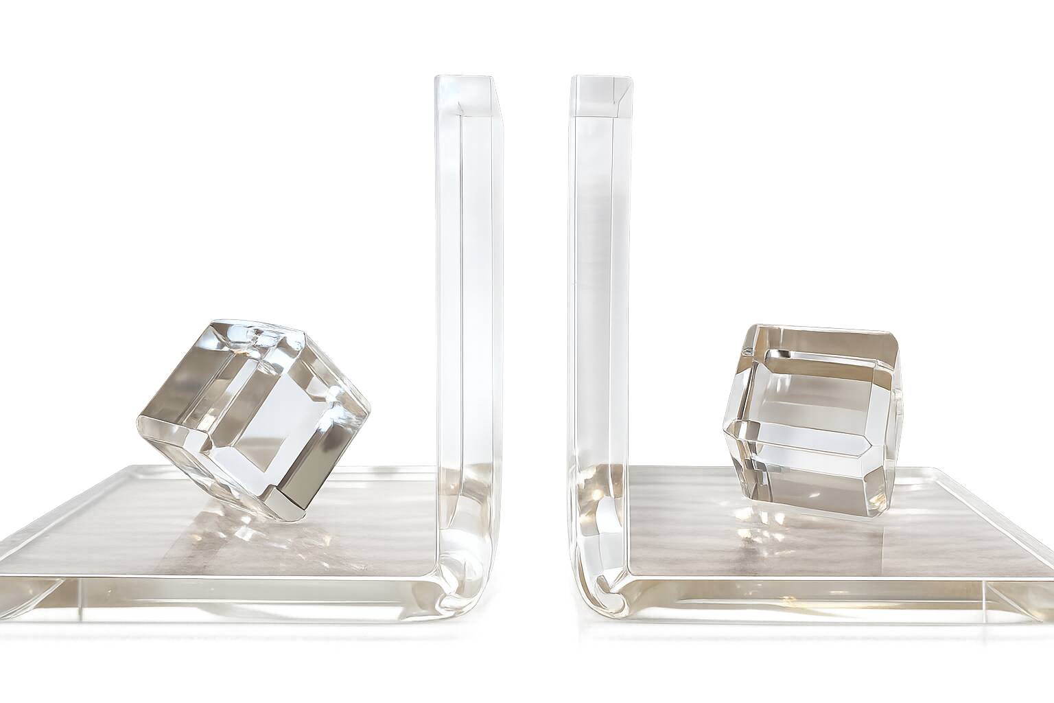 Pair of solid plexiglass bookends, faceted cubes, 1980s