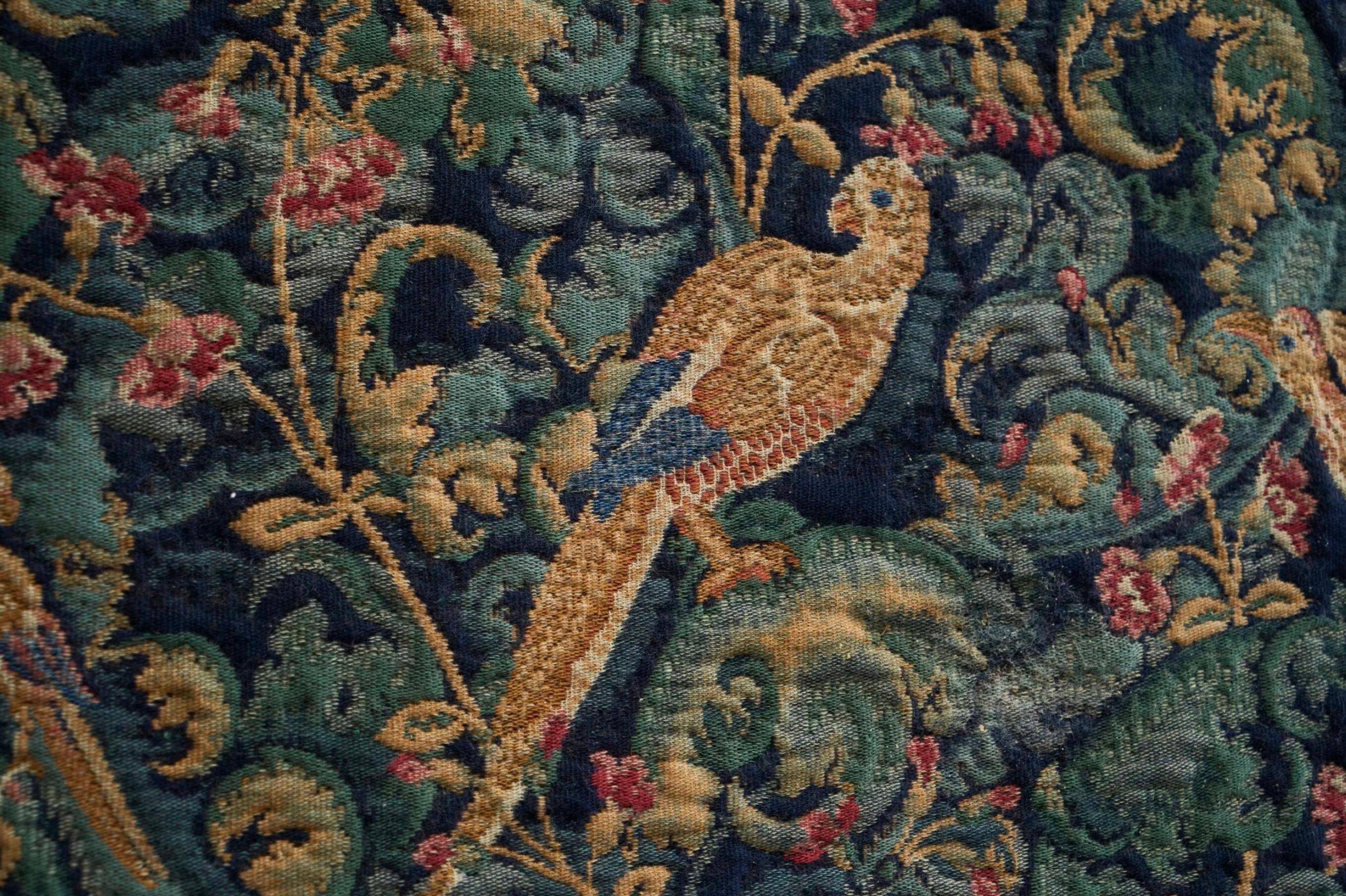 Mid Century wall tapestry with birds, animals, and leaves, Belgium 1960s.