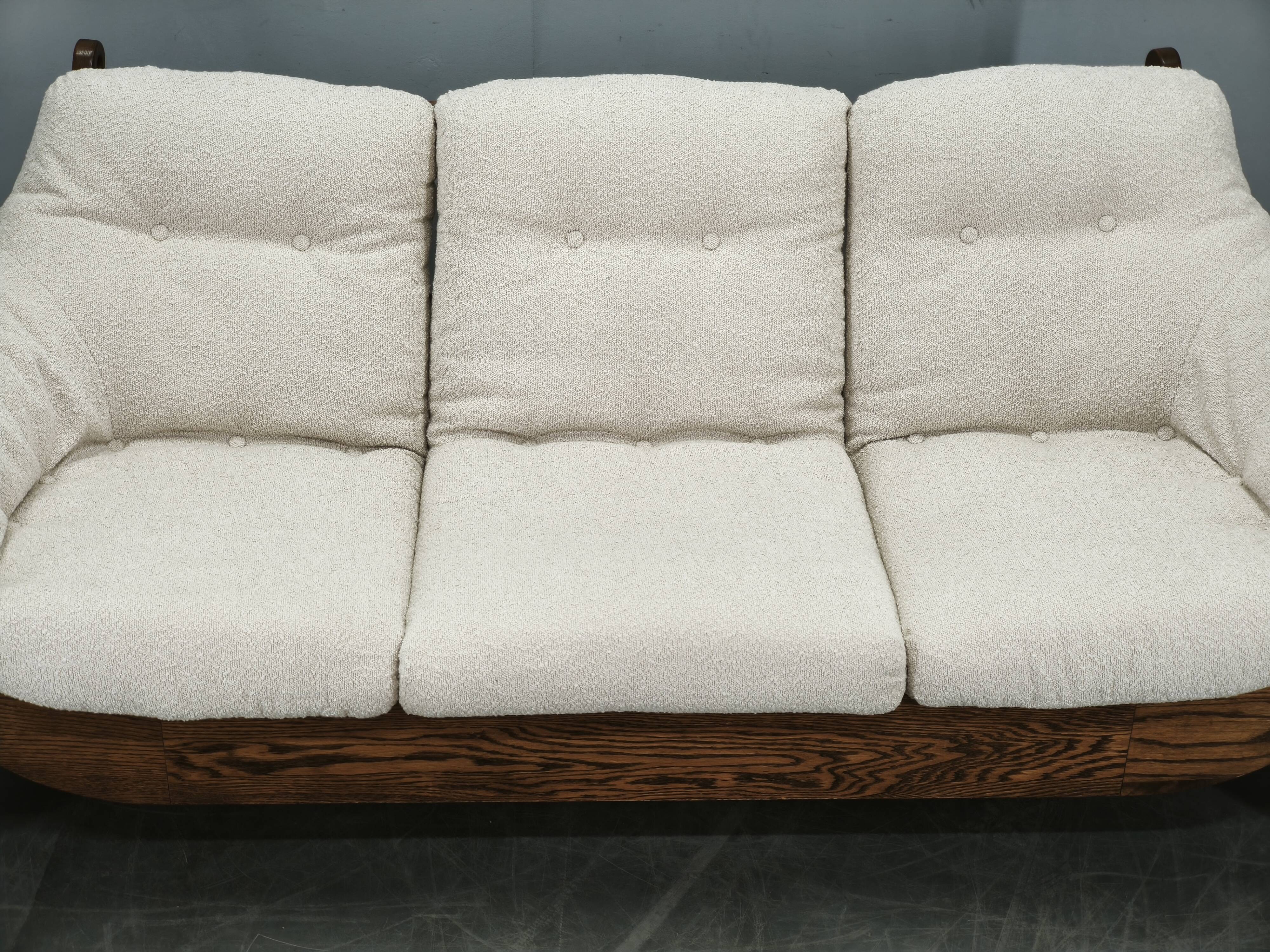Brutalist Solid Oak and Bouclé Three-Seat Sofa, Czechoslovakia 1970s