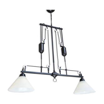 Two-armed iron chandelier with opaline glass lampshades. Flamingo Athena Model