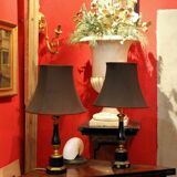 20th Century French Black Enamel Tole and Gilt Bronze Table Lamps with Silk Shade, Set of 2