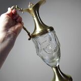 Vintage decorative jug in moulded glass and gilded brass, Italy circa 1980.