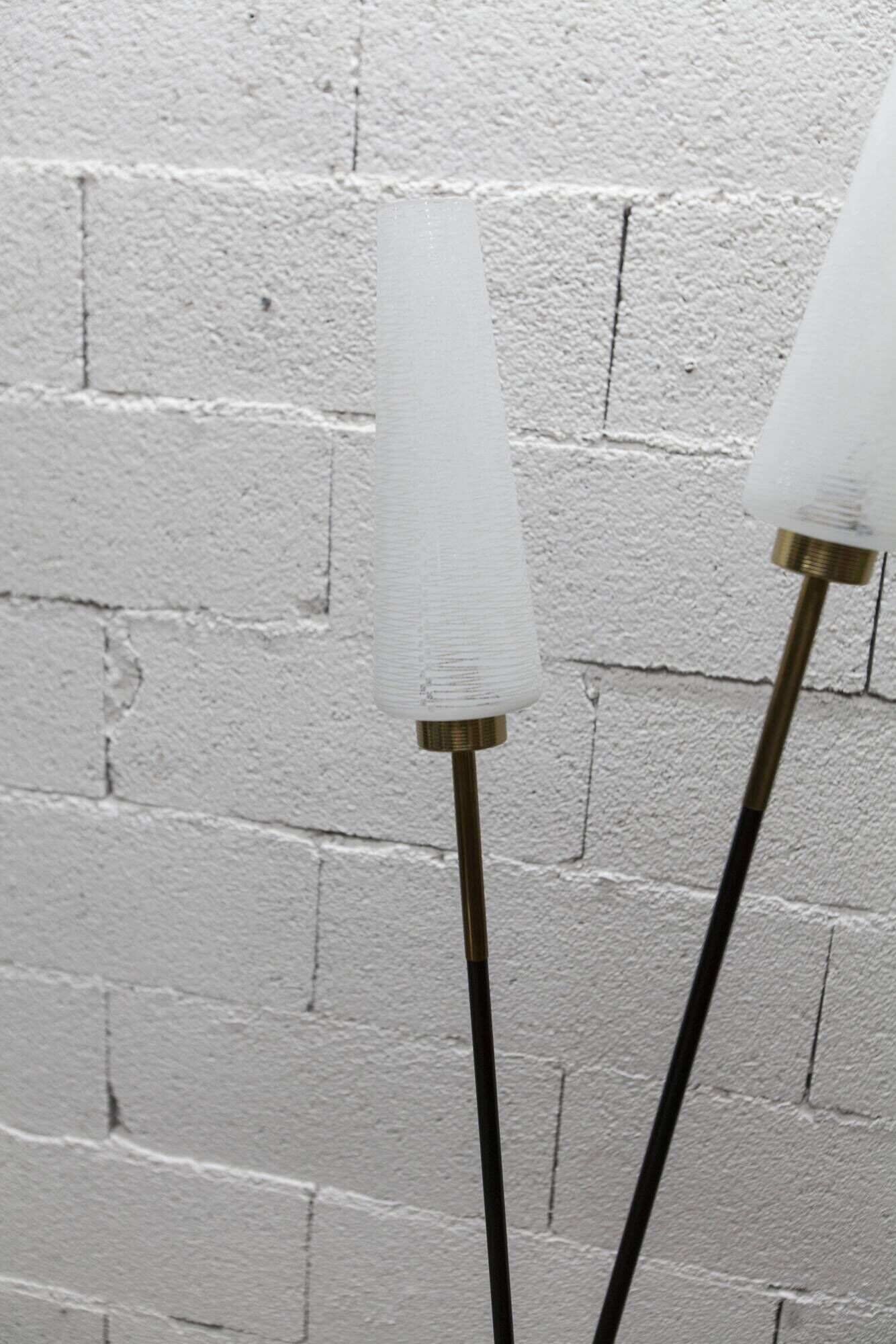 Arlus floor lamp with tripod base and 2 ribbed glass lamps 1950