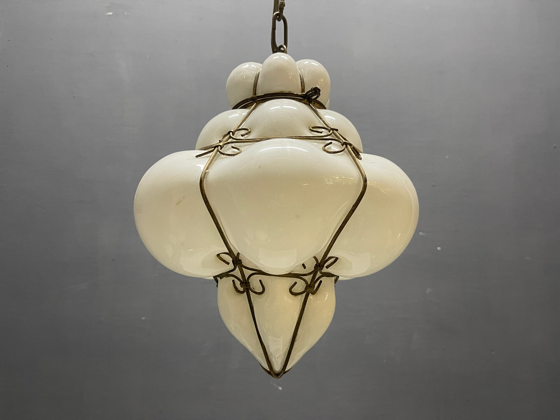 Murano Opaline Glass Pendant Light in Wrought Iron Frame, Italy, Mid-C