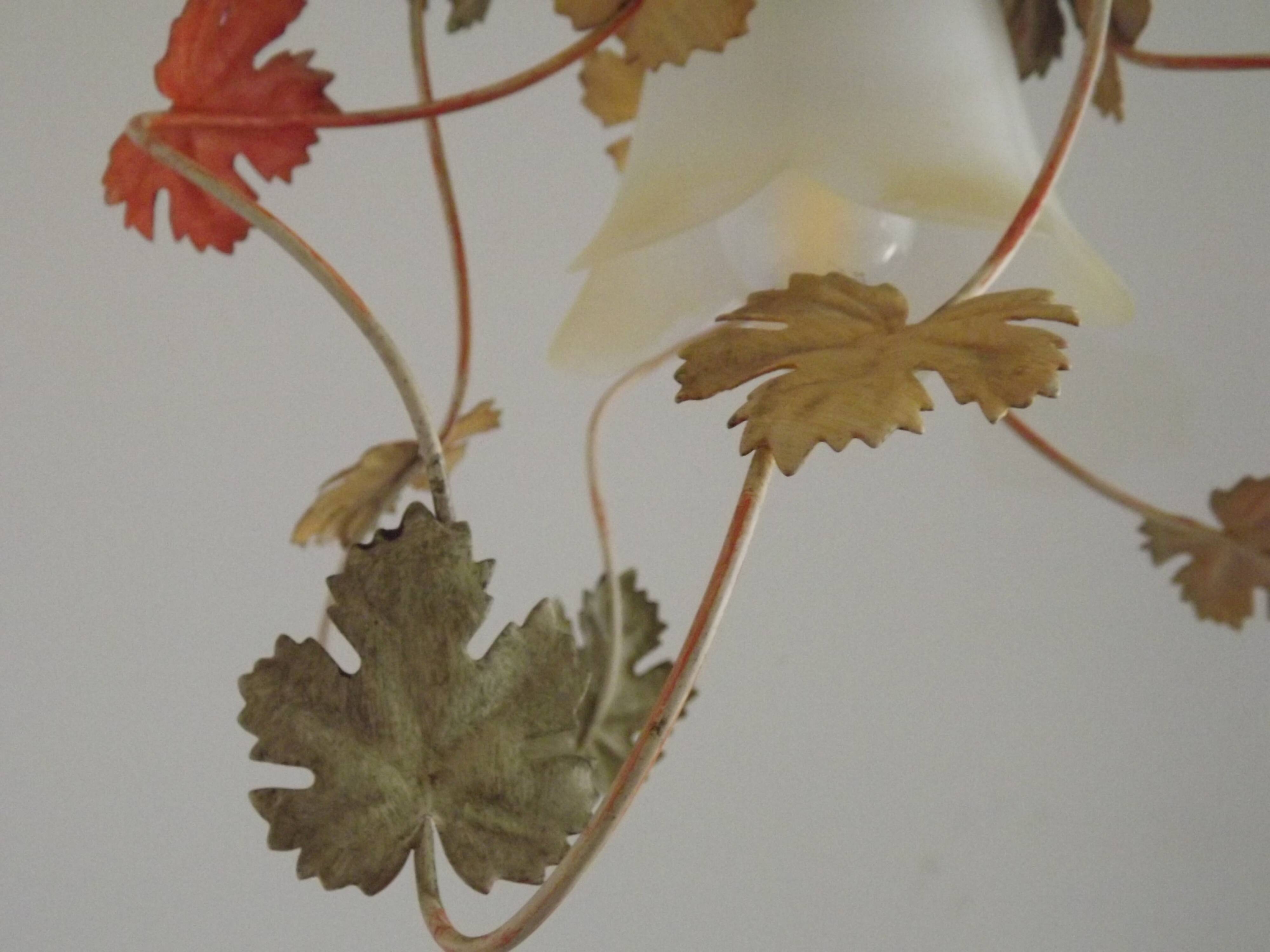 French Vintage Leaf Metal and Wood Hanging Light Textured Glass Shade