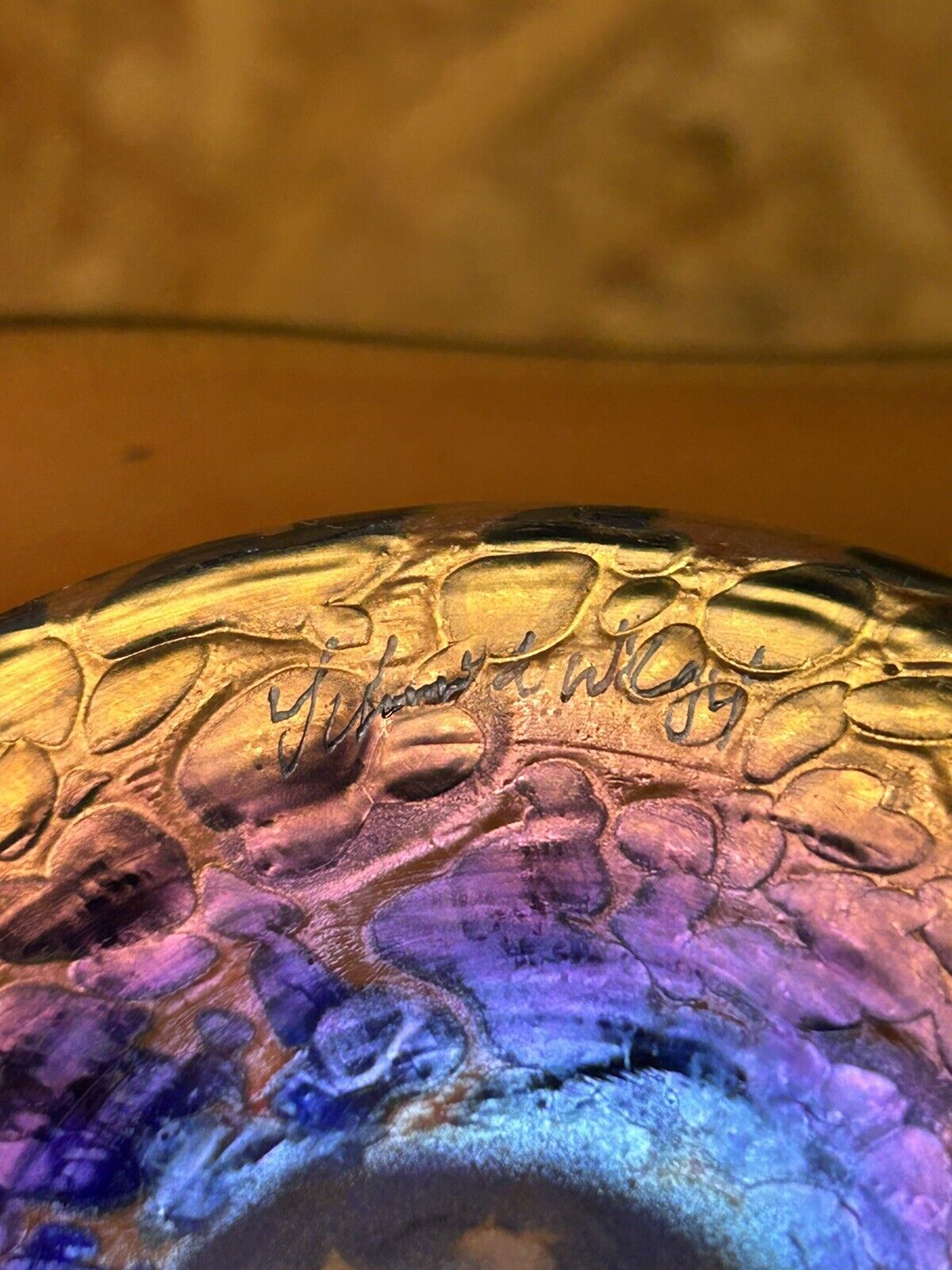 Cup, iridescent glassware, signature