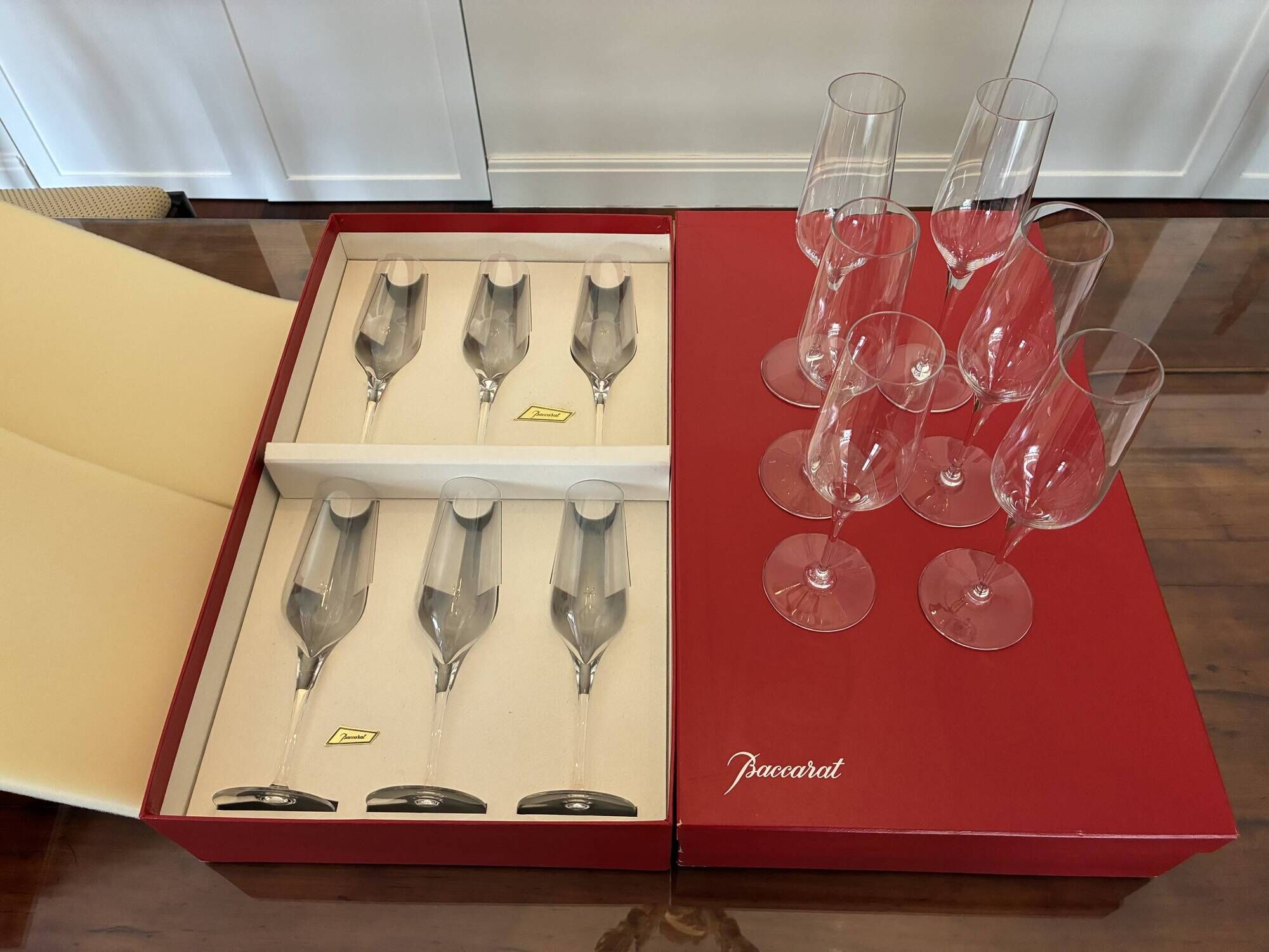 2 sets of 6 Baccarat Grand Siècle flutes. Never used.