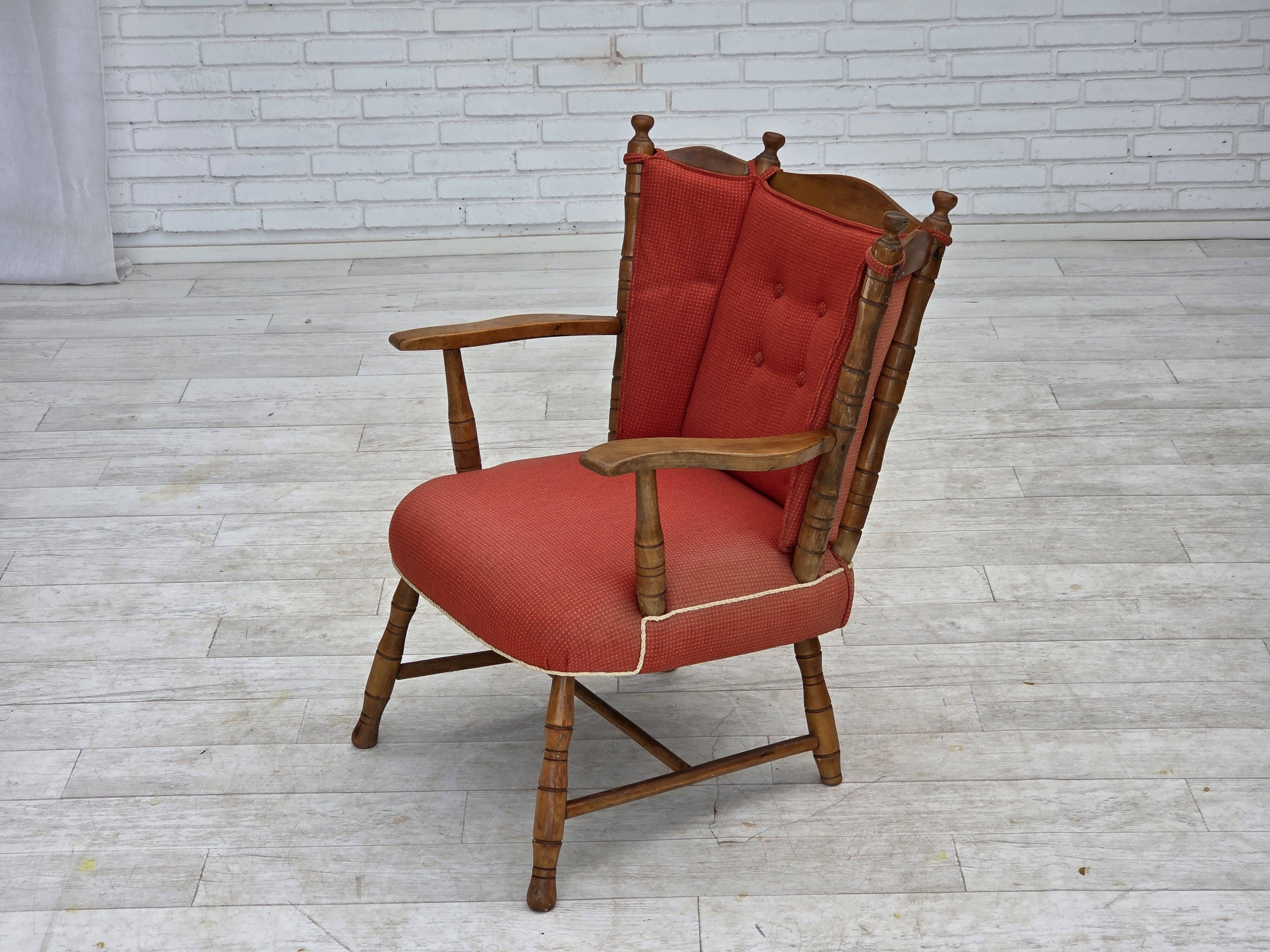 1960s, Scandinavian armchair. Red furniture wool, beech wood.