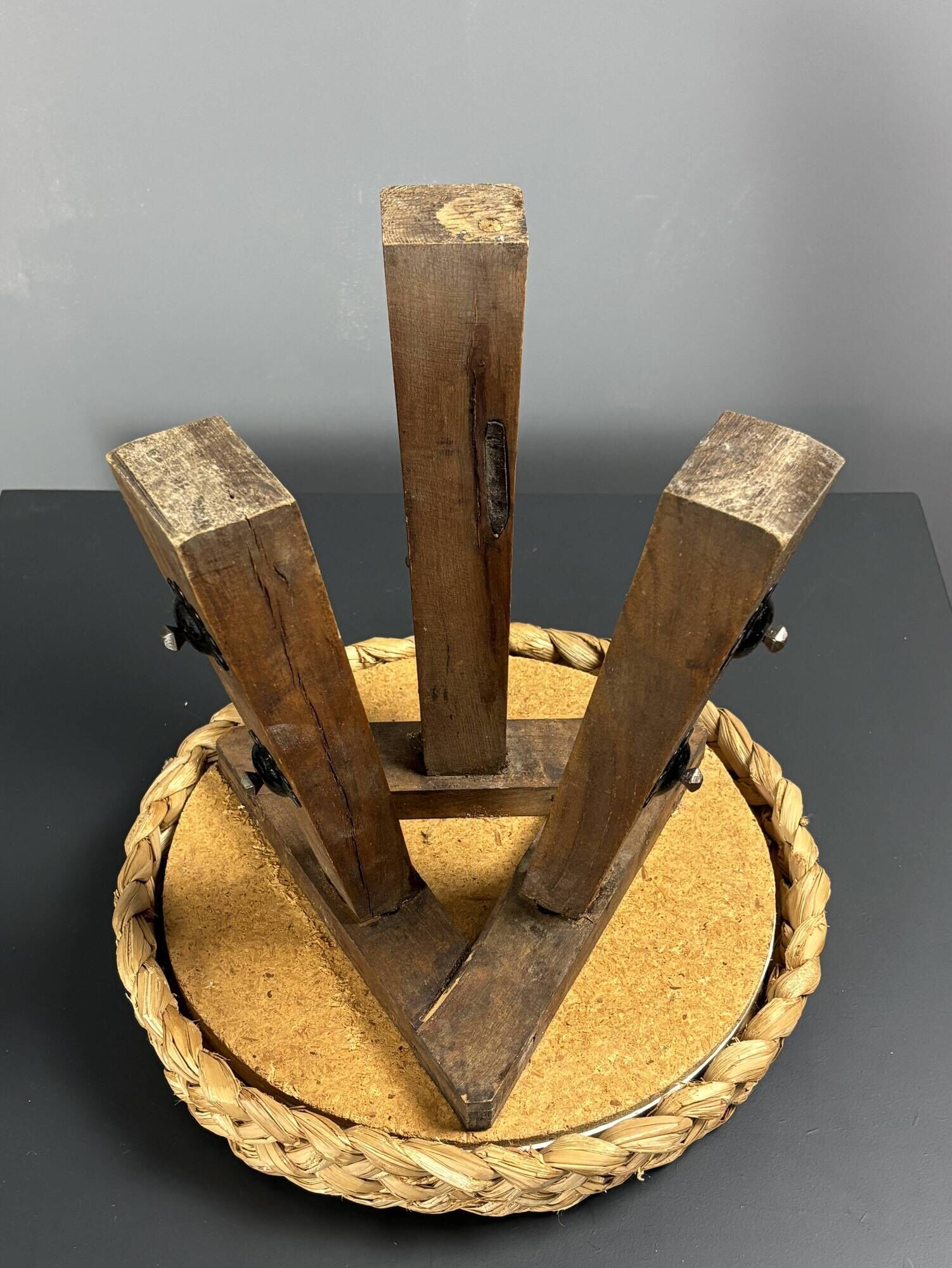 Midcentury braided rope tripod stool in the style of Audoux & Minet, 1950s