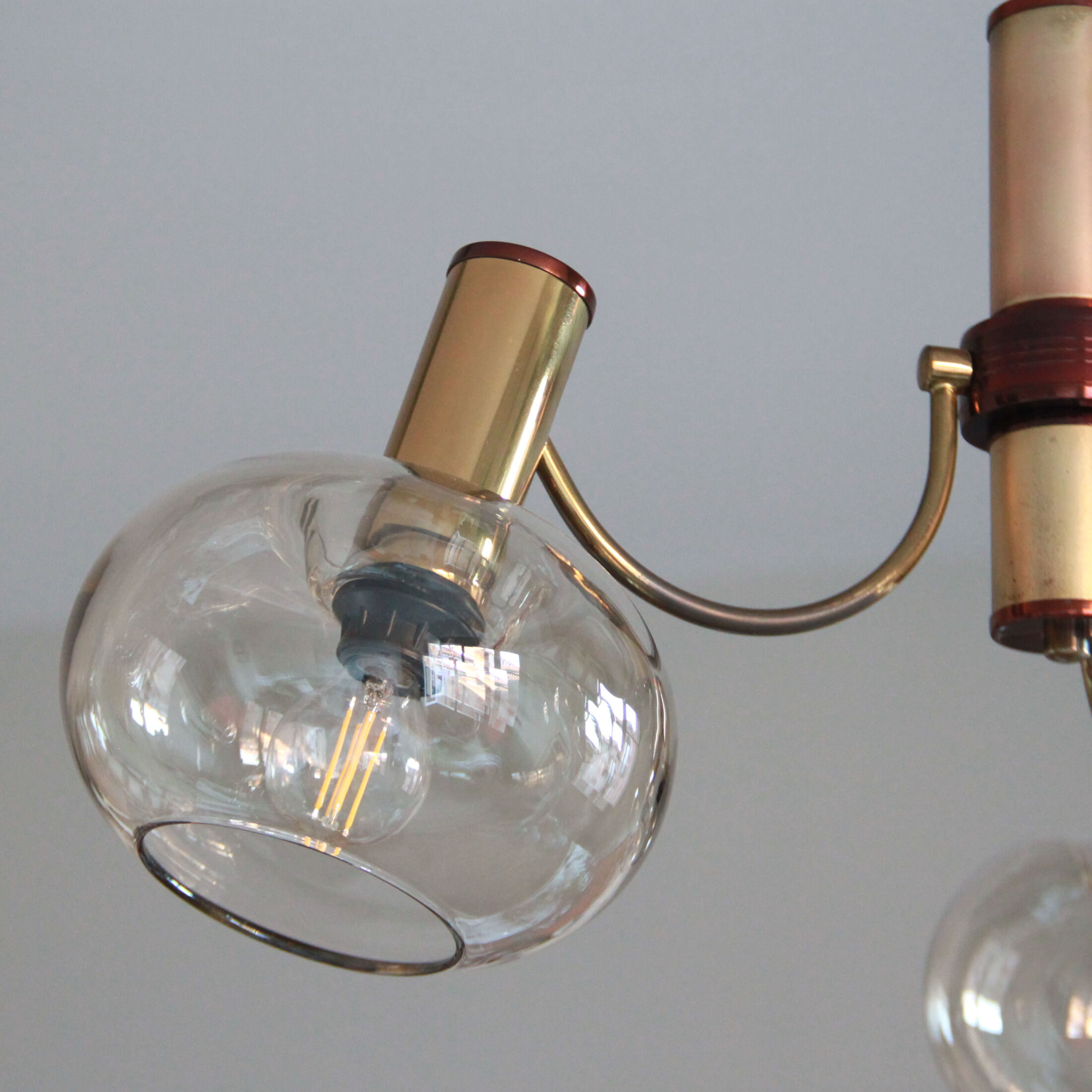 Chandelier 1970 brass gilded globes smoked glass italian