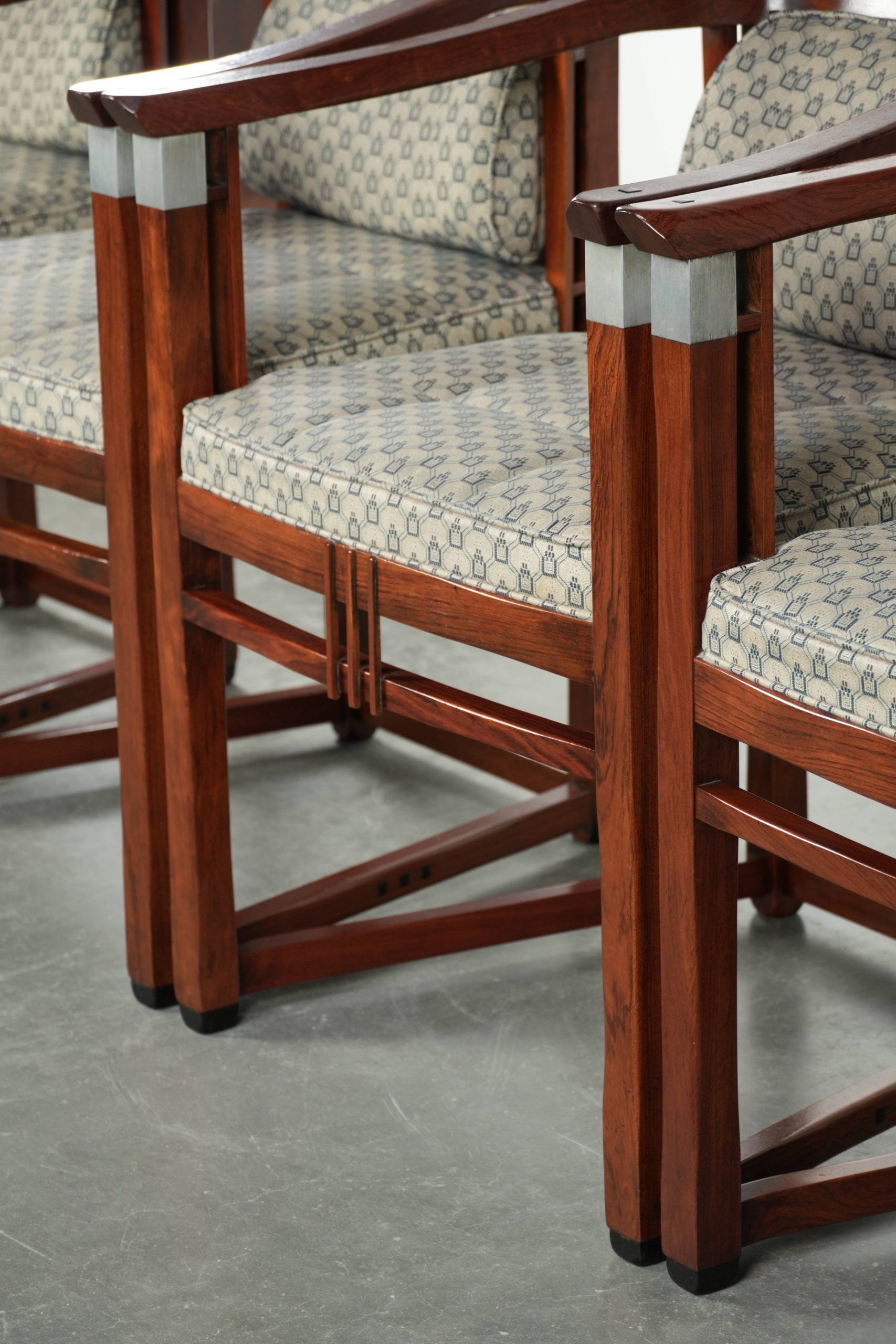 In very good condition Art Deco design dining chairs with fabric upholstery