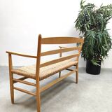 French vintage beech rush bench sofa 'Wabi Sabi style'