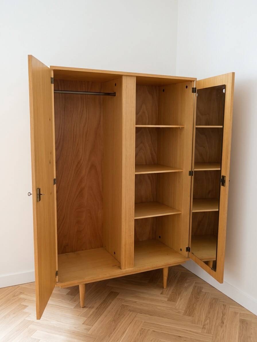 Vintage 1950s cabinet with tapered legs, wood.