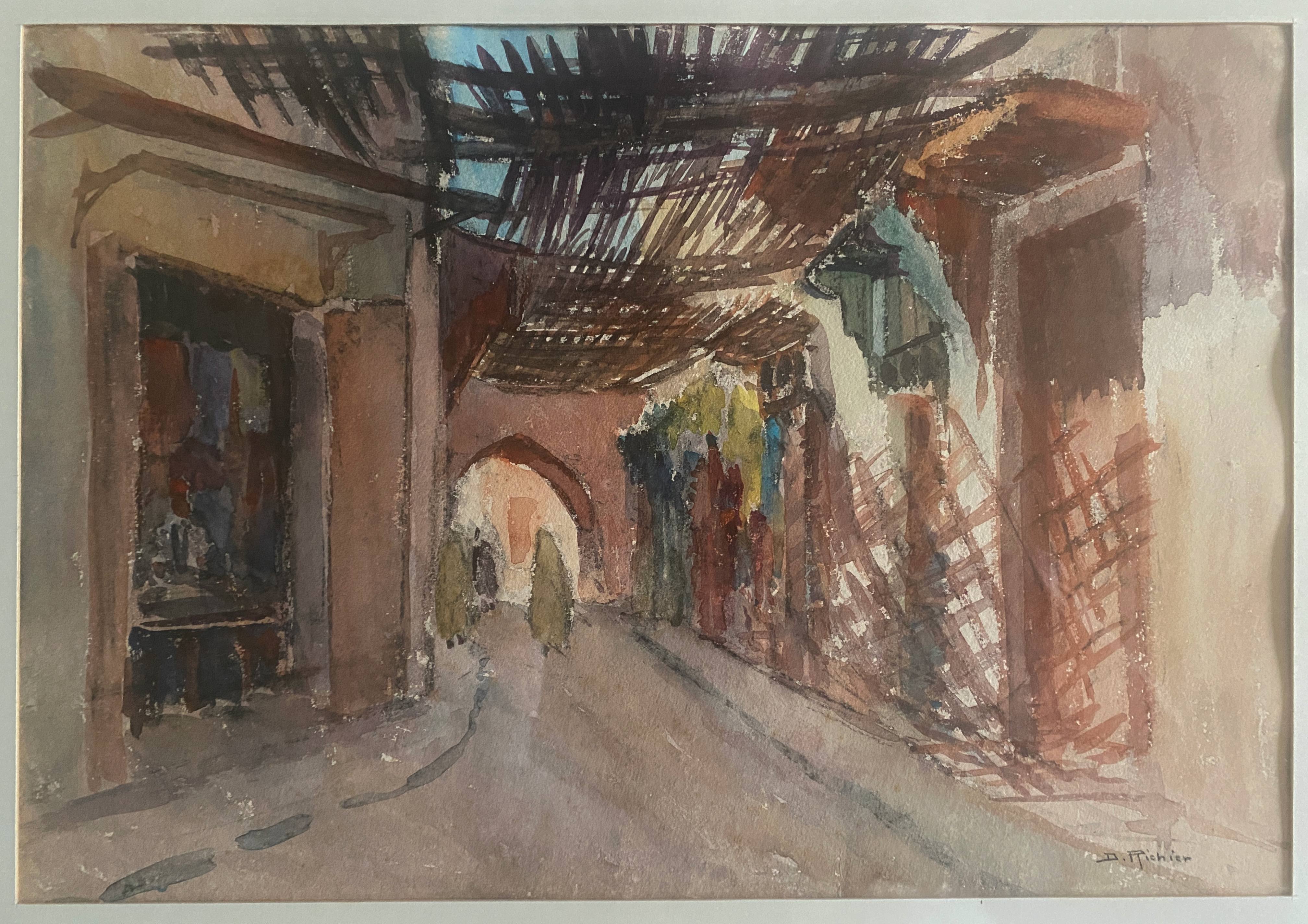 Watercolor painting "Ruelle de la Medina" Orientalist Morocco by Denise Richier