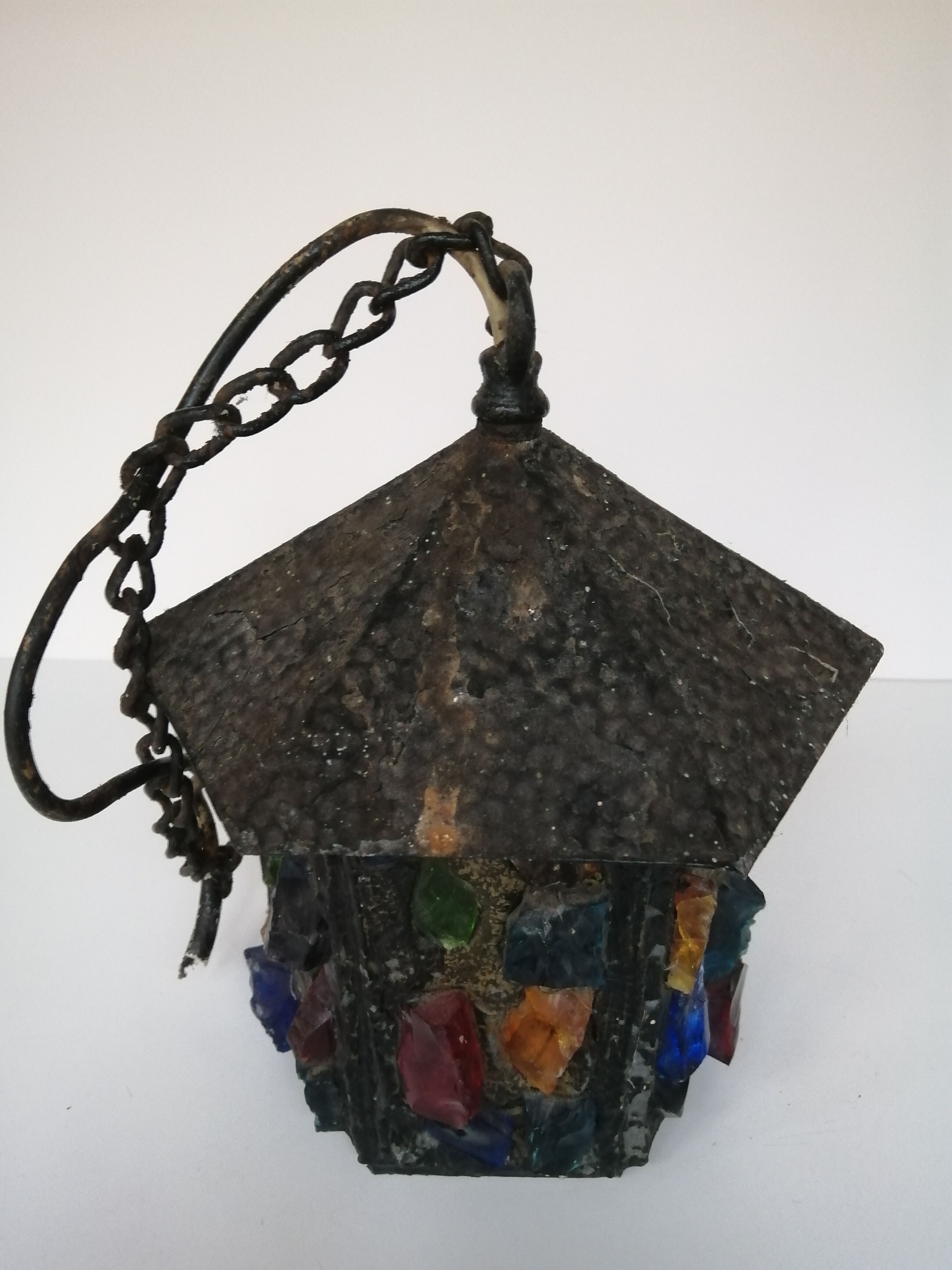 Peter Marsh porch lantern, colored glass, lead and Hammered Sheet metal, 1950s Arts & Crafts
