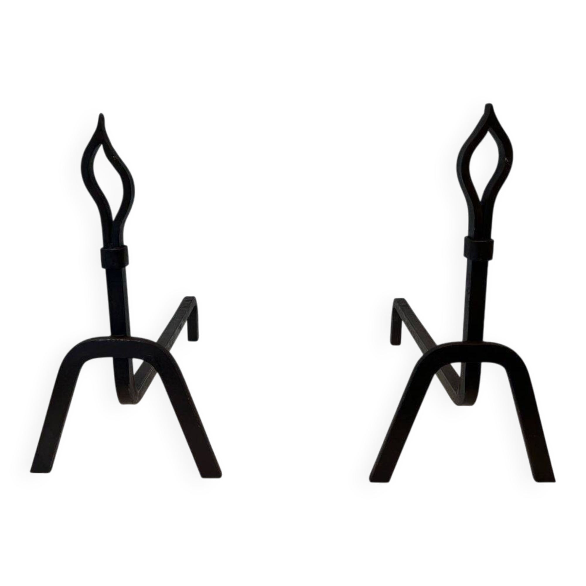 Pair of Modernist Andirons in Wrought Iron with Stylised Torches and Bases Ang