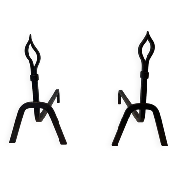 Pair of Modernist Andirons in Wrought Iron with Stylised Torches and Bases Ang