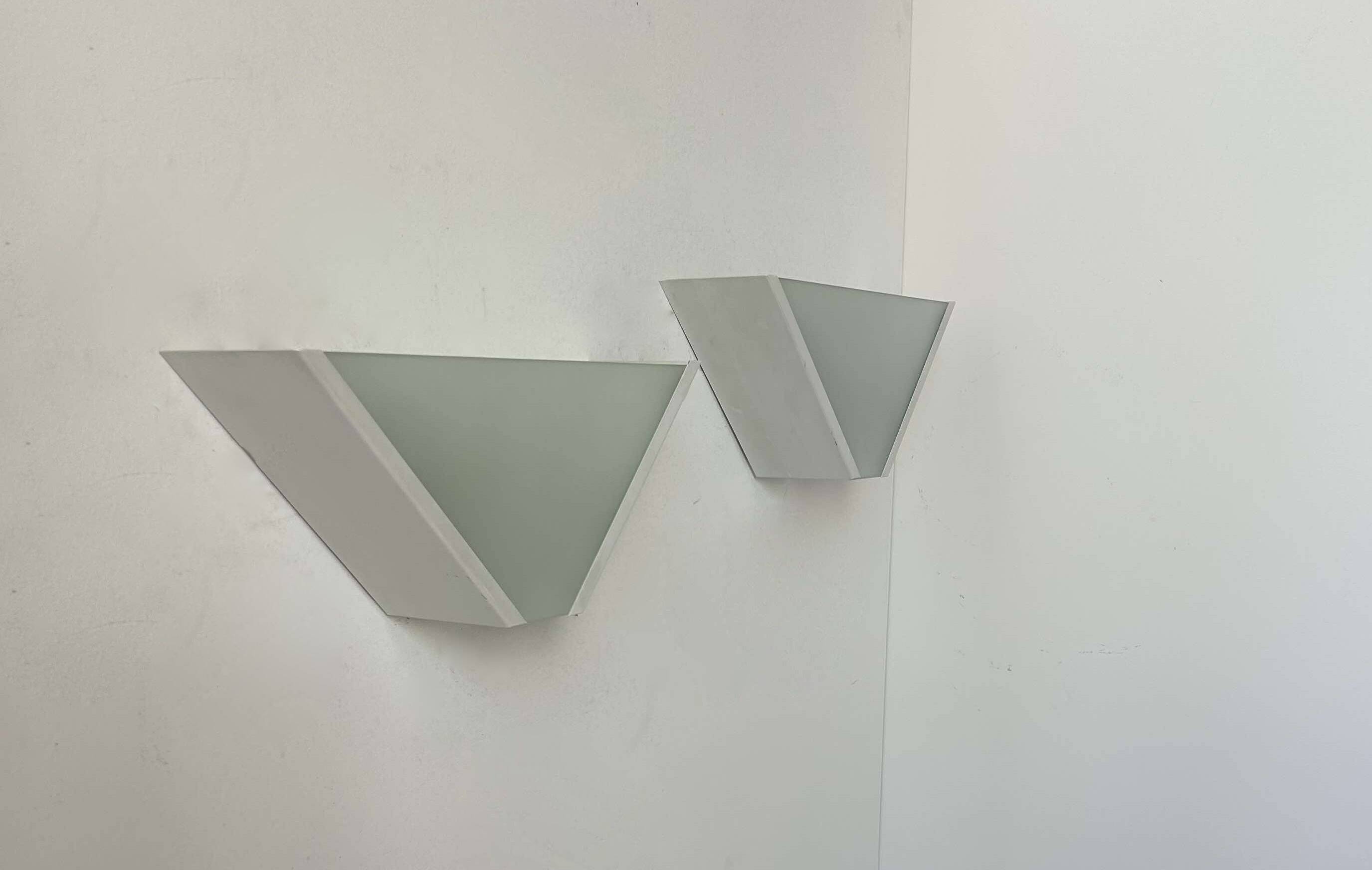 Pair of vintage geometric wall lights, sandblasted glass and white metal, Italy 1970