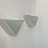 Pair of vintage geometric wall lights, sandblasted glass and white metal, Italy 1970
