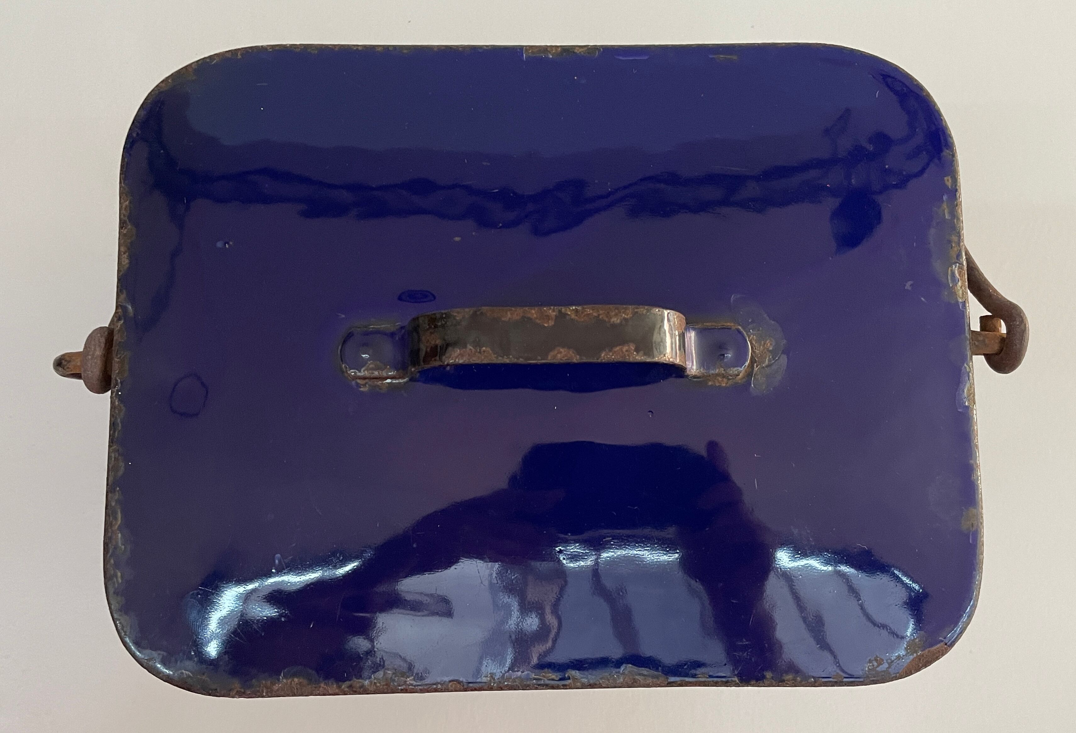 Old blue enamelled metal box