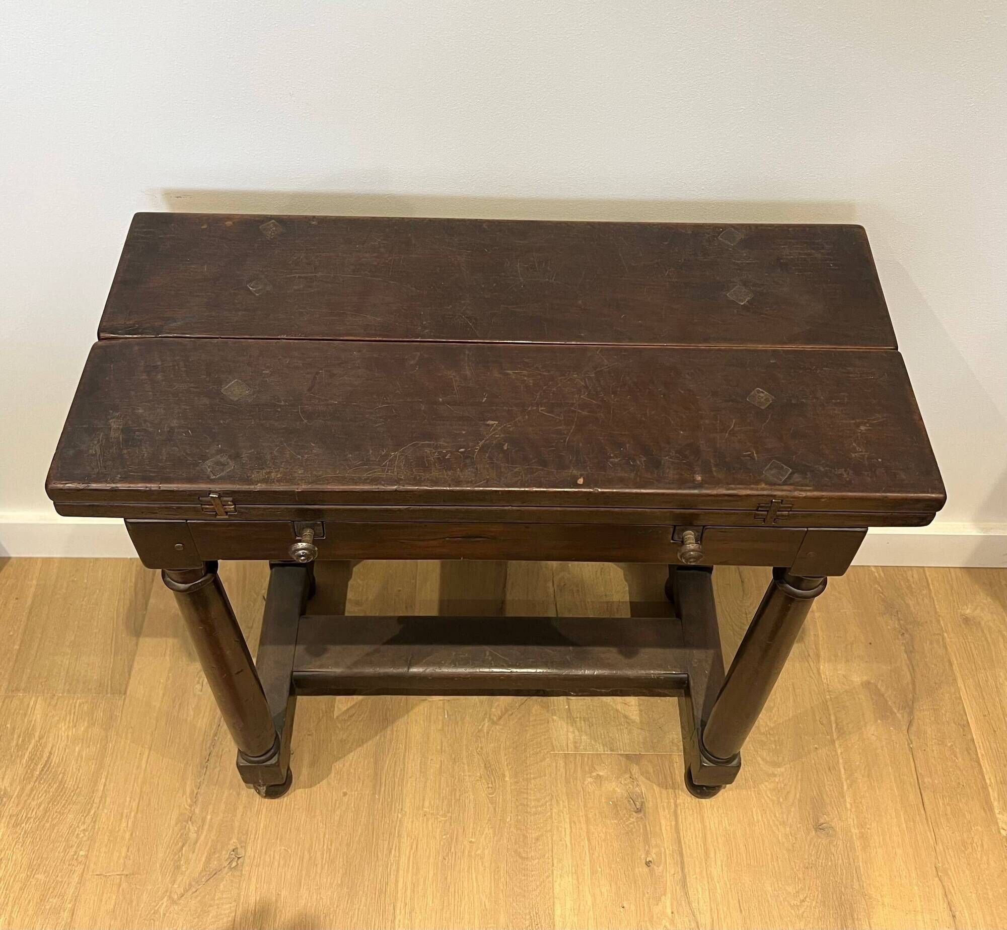Portuguese Table with Folding Top in Walnut with Detached Columns and Stretcher
