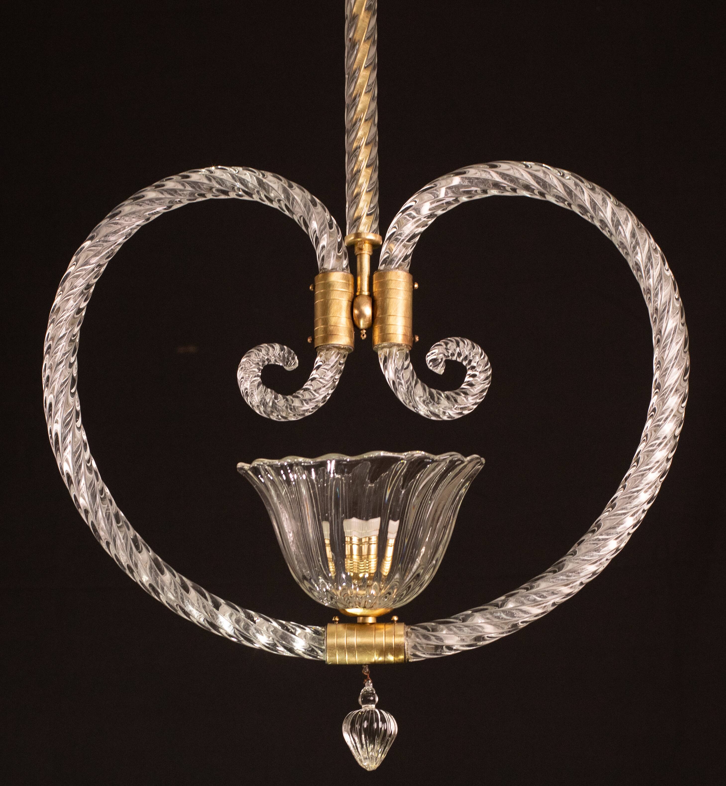 Lustre suspendu en forme de cœur art déco par barovier e toso, années 1940