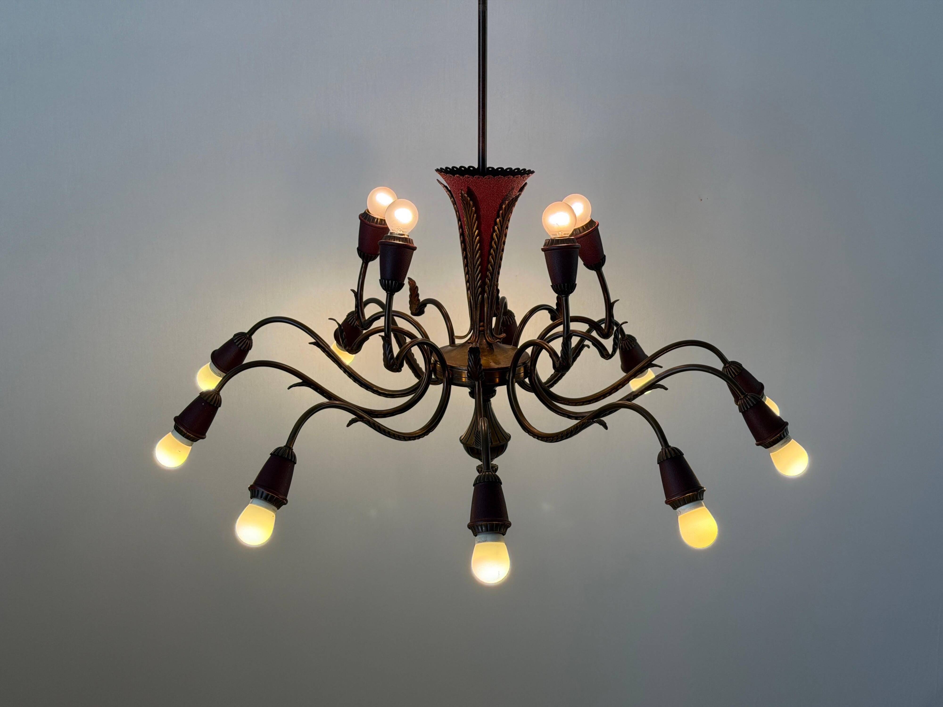 Large Burgundy brass chandelier with 15 arms, 1950, Italy