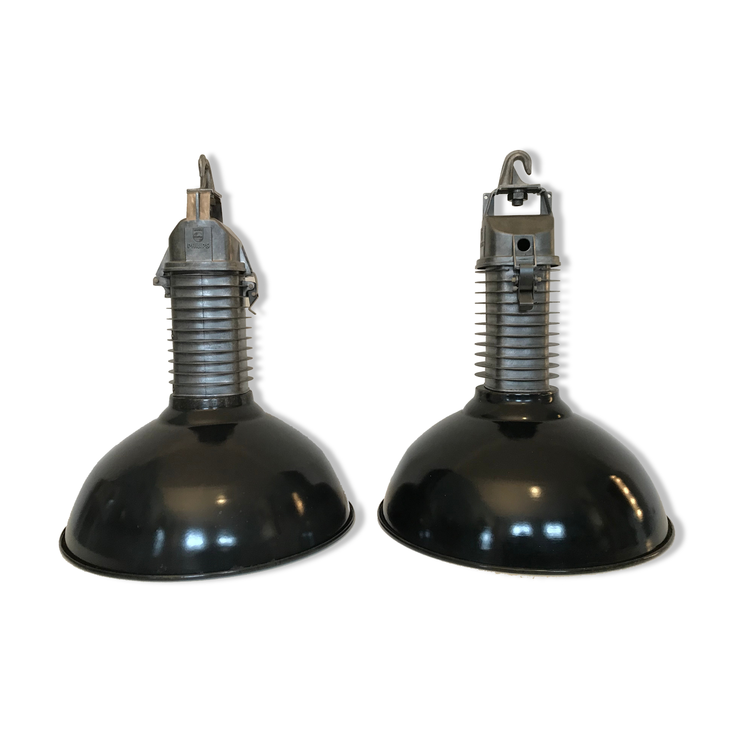 Pair of Philips lamps enamelled workshop pendant lamps