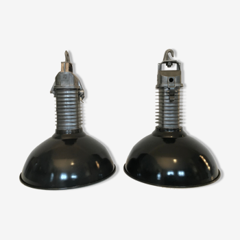 Pair of Philips lamps enamelled workshop pendant lamps