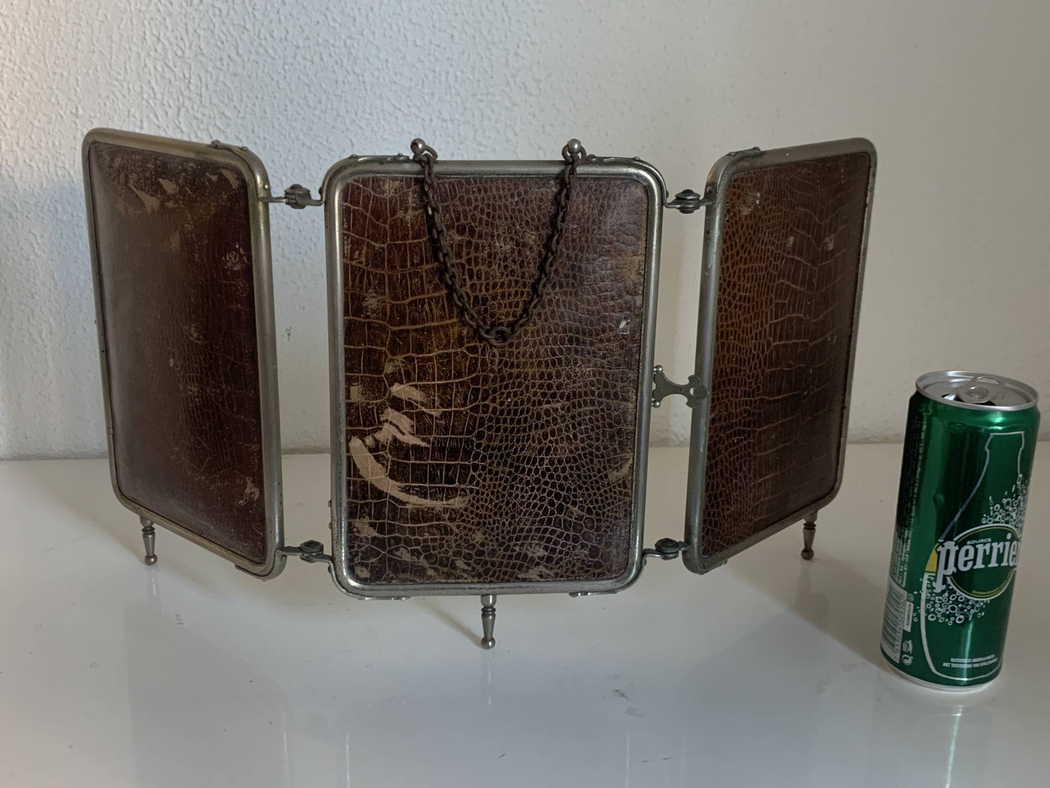 Miroir vintage 1910 triptyque barbier Art Déco armée - 24 x 51 cm