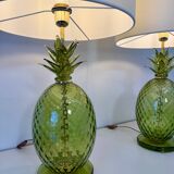 Paire de lampes en verre de Murano en forme d'ananas Art Déco italien avec abat-jours.