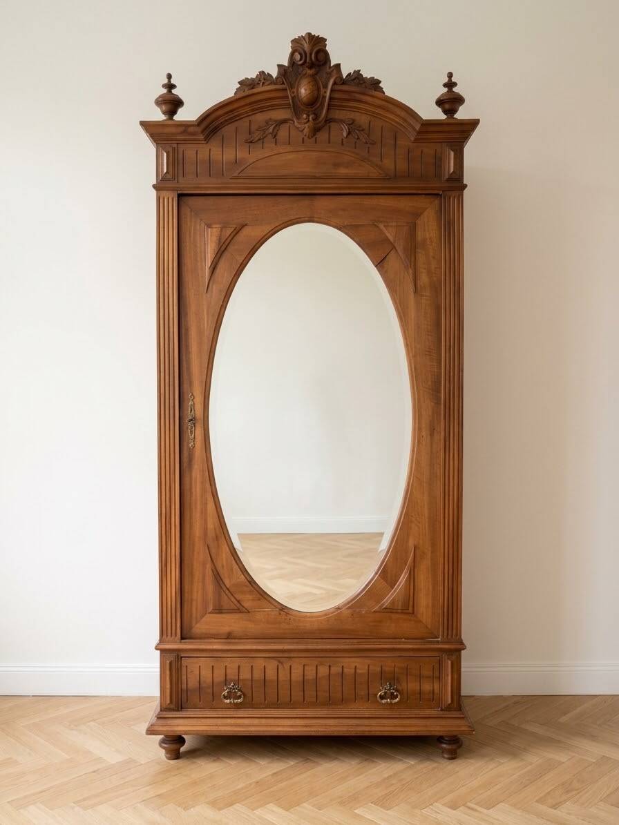 Antique solid wood wardrobe with an oval mirror.