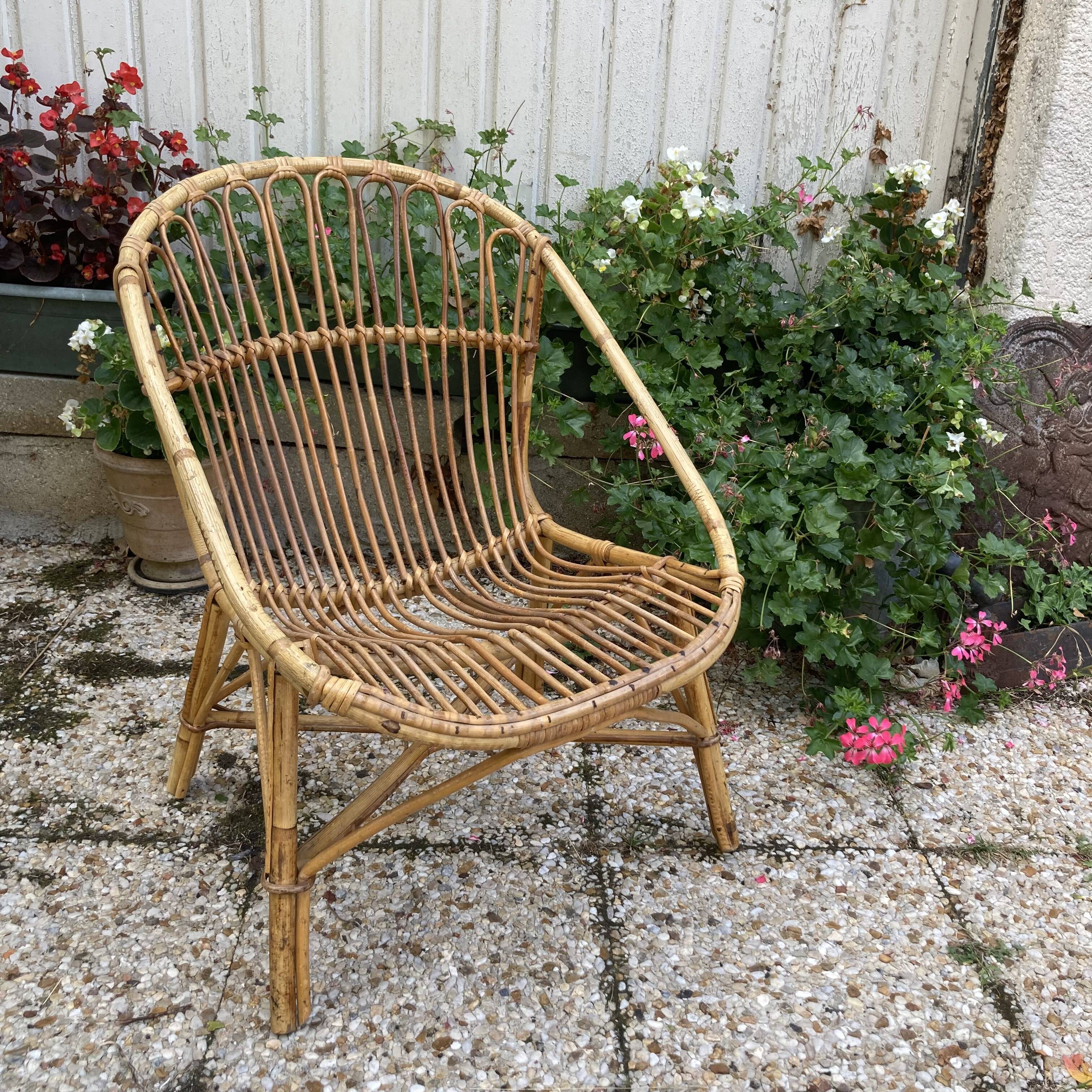 Set of 3 vintage rattan armchairs