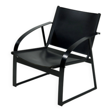 Fauteuil en cuir de selle post-moderne et acier des années 1980