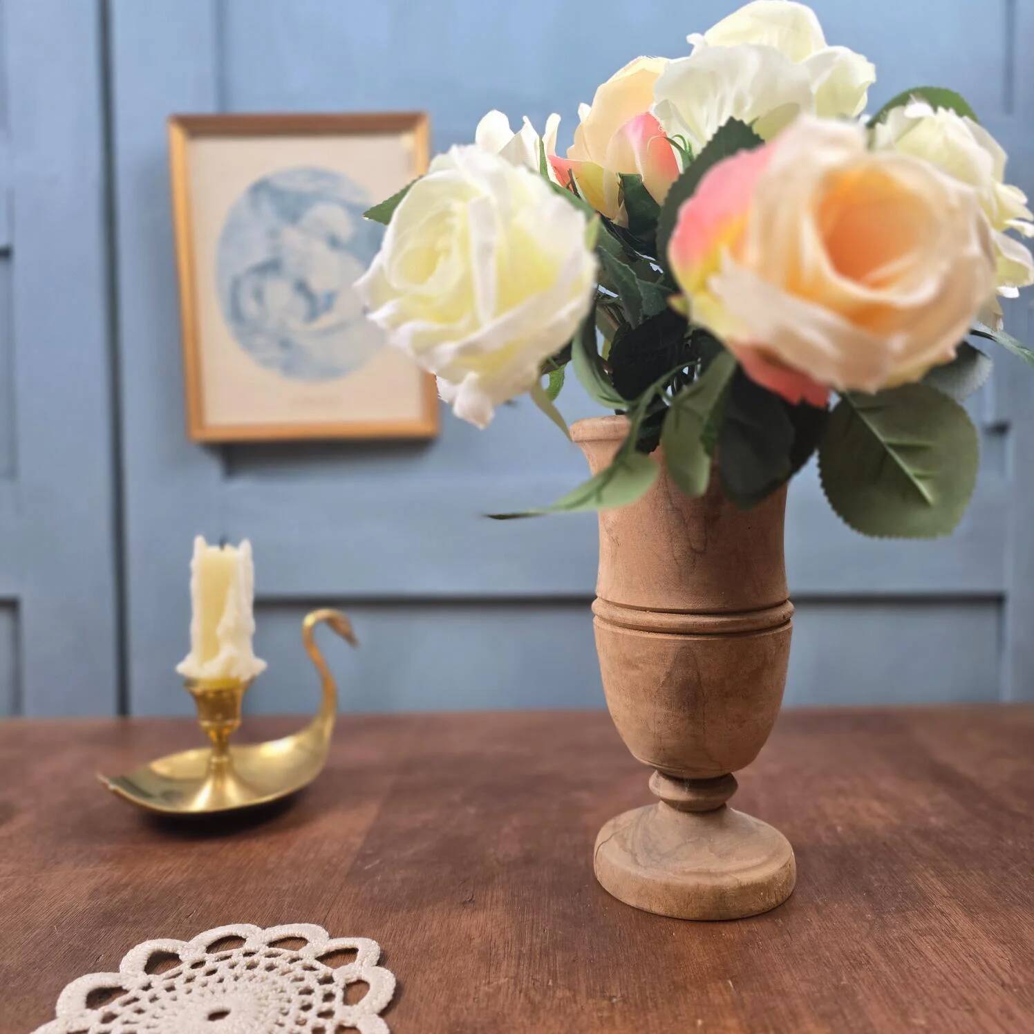 Ancient turned wooden vase, olive or fruitwood.