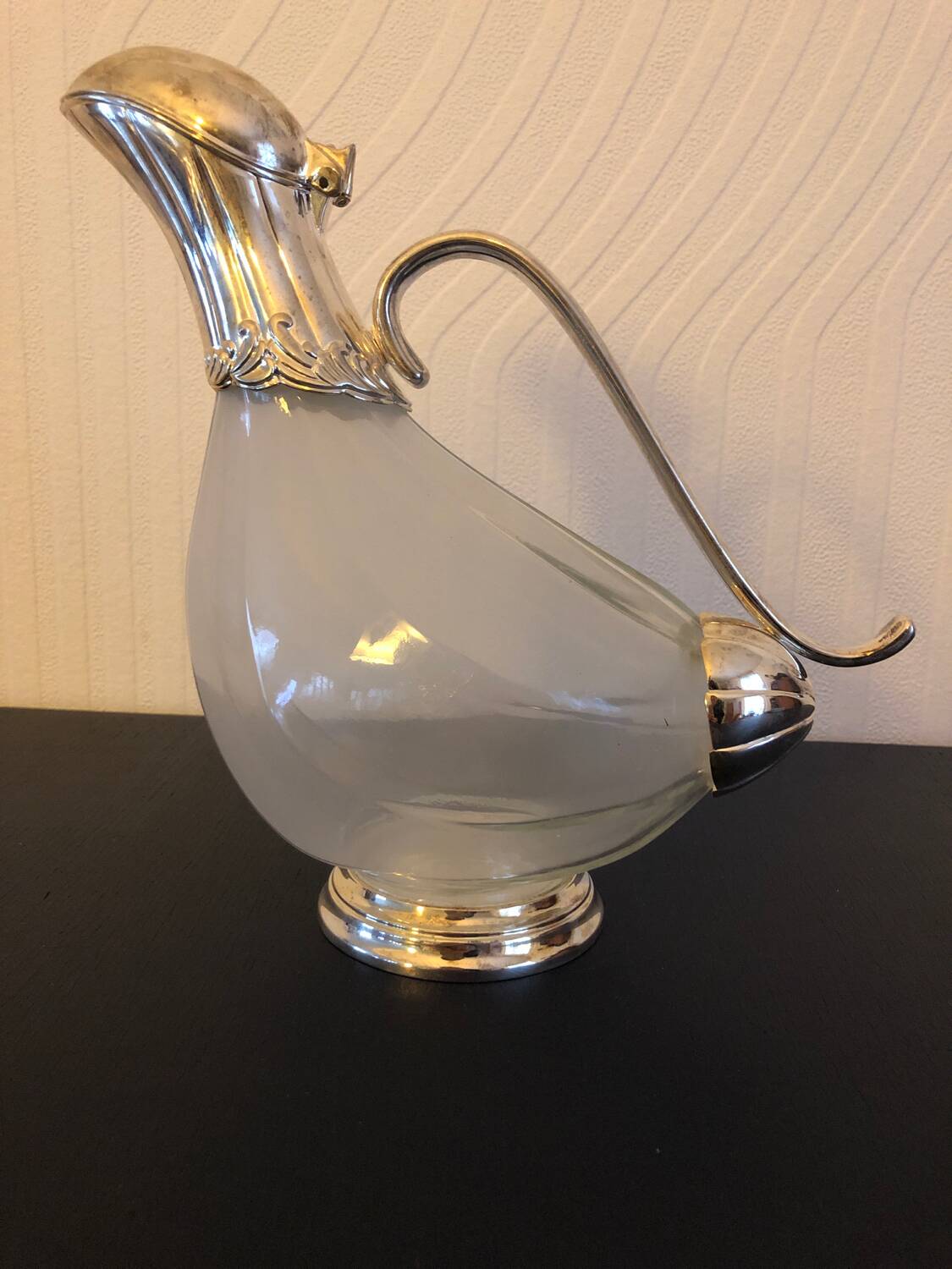Carafe canard vintage en verre et argent
