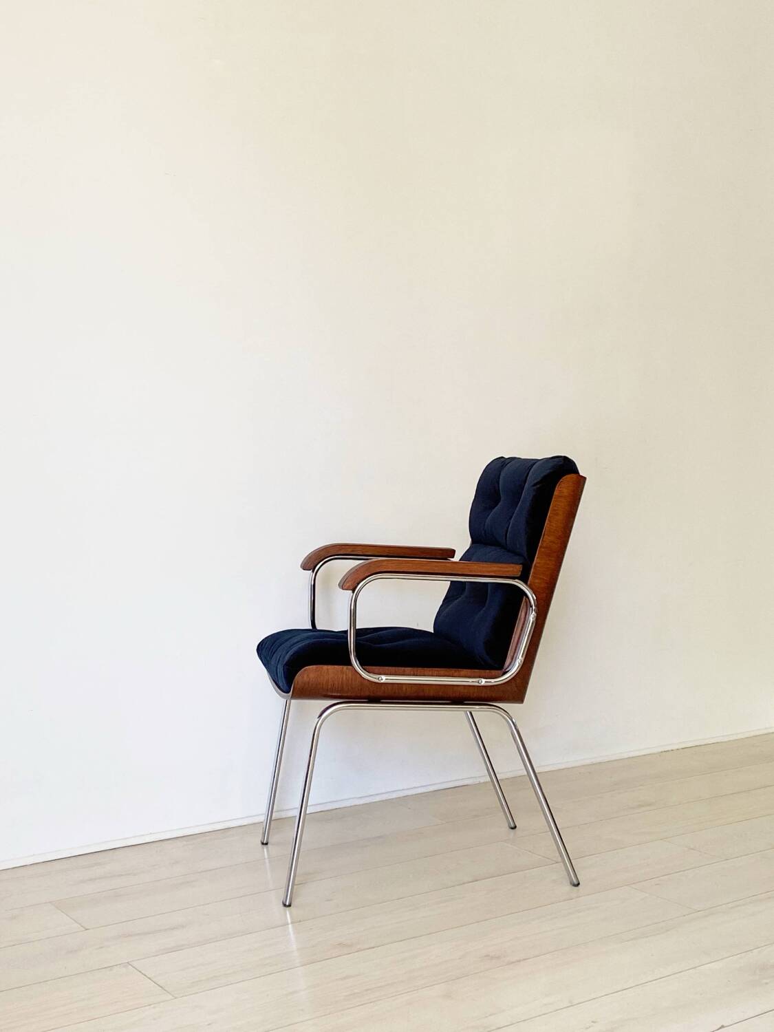 Vintage wood and metal velvet armchair