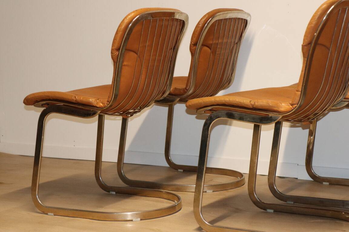 Series of 6 vintage Cidue Italy chairs in leather and metal, 1970s