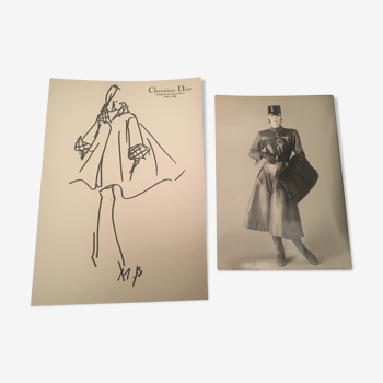 Christian dior: fashion illustration "autumn collection - winter 1987 -88" and original vintage press photography