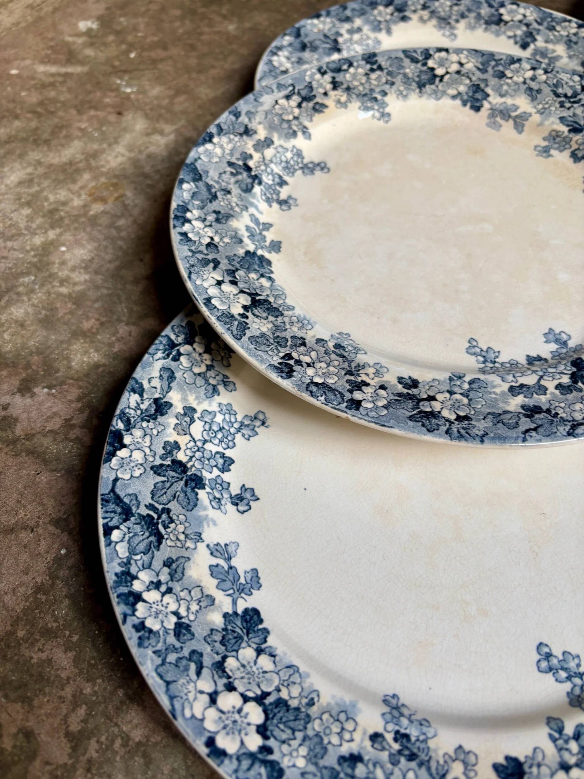 6 Sarreguemines flat plates in blue ironstone, "Récamier" service