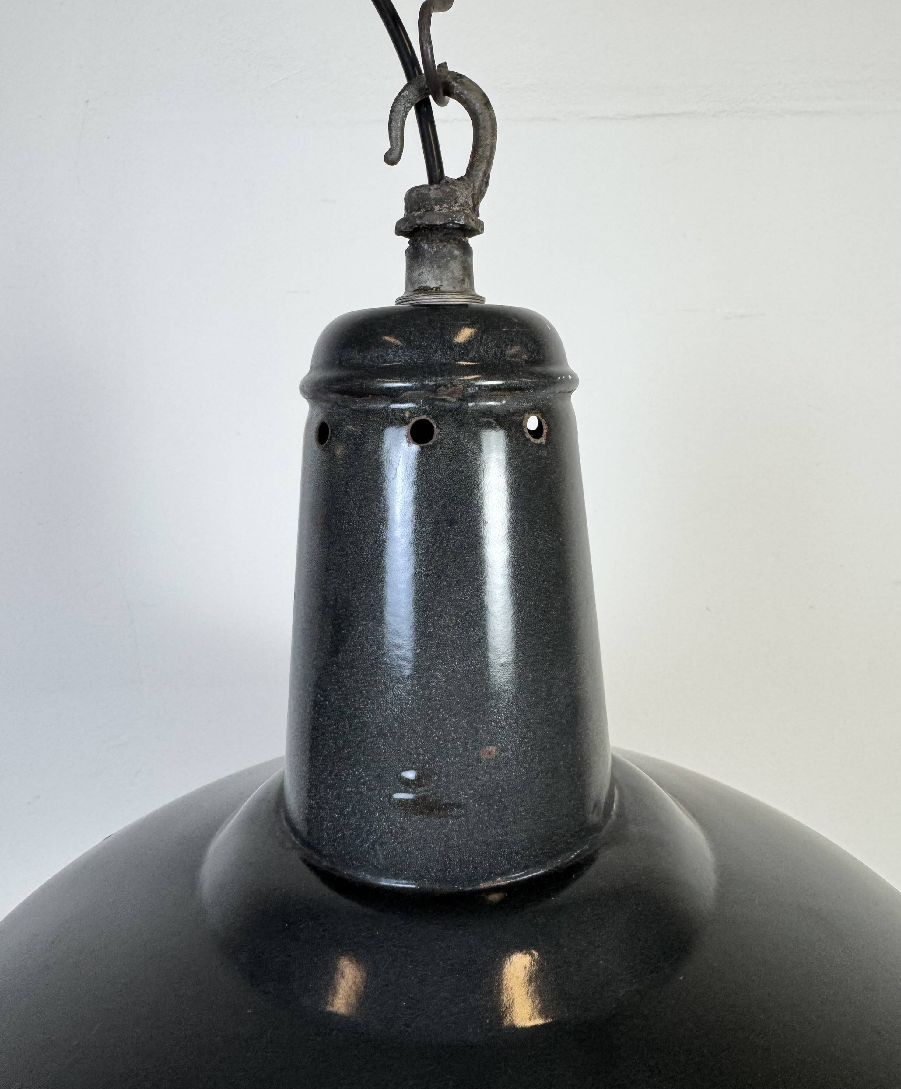 Industrial French Dark Grey Enamel Factory Pendant Lamp, 1960s