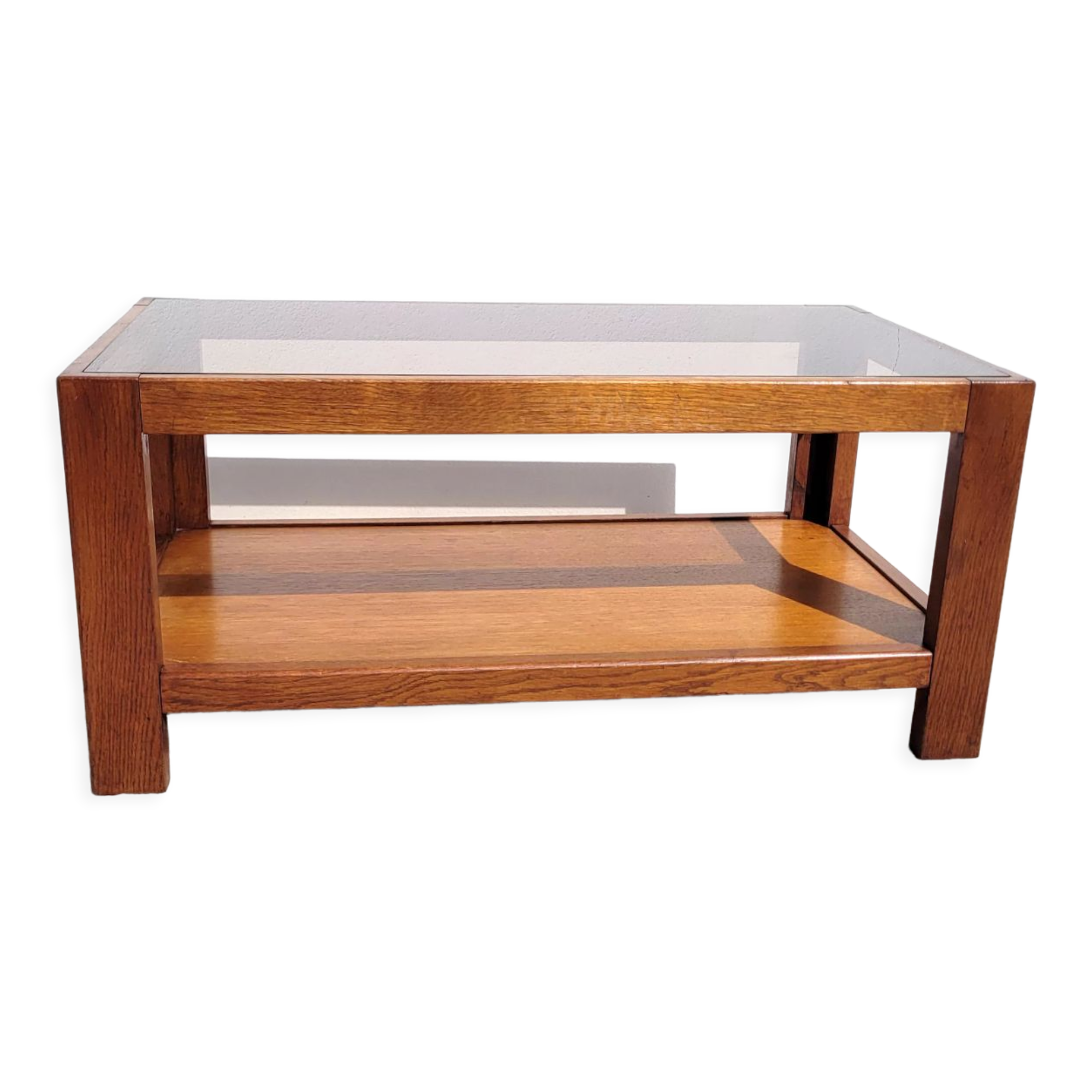 Table basse vintage bois et verre fumé 1970
