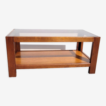 Table basse vintage bois et verre fumé 1970