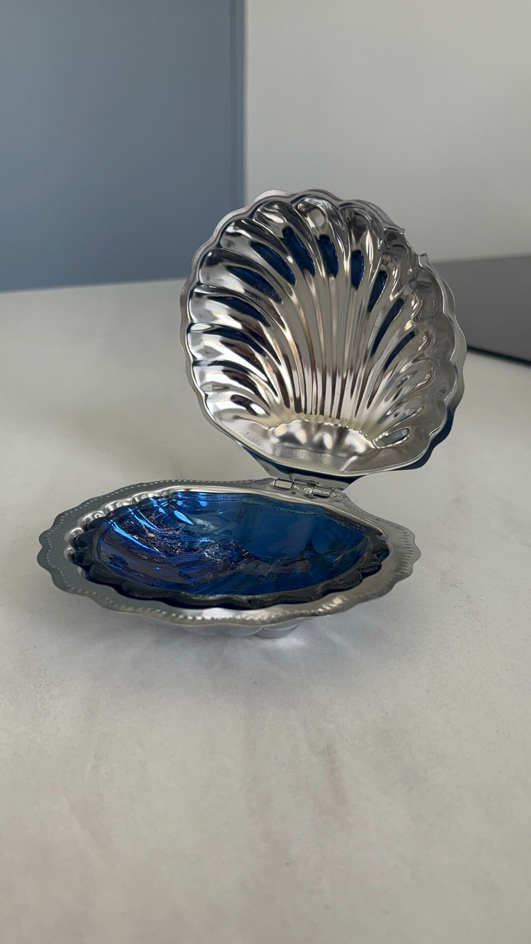 Vintage butter dish shell blue cobalt glass and silver-plated metal