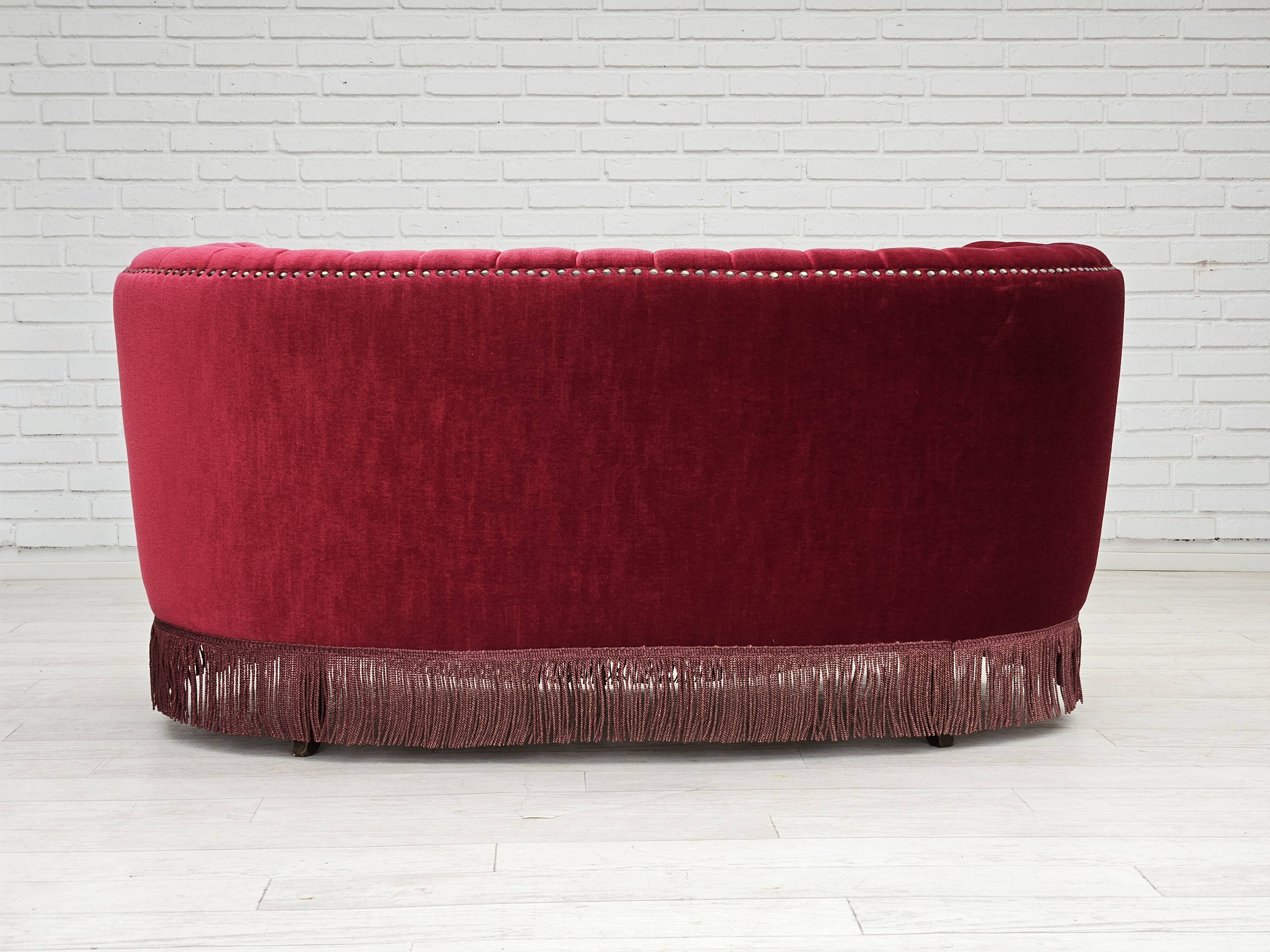 1970s, Danish 2-seater "Banana" sofa, original cherry-red velour.