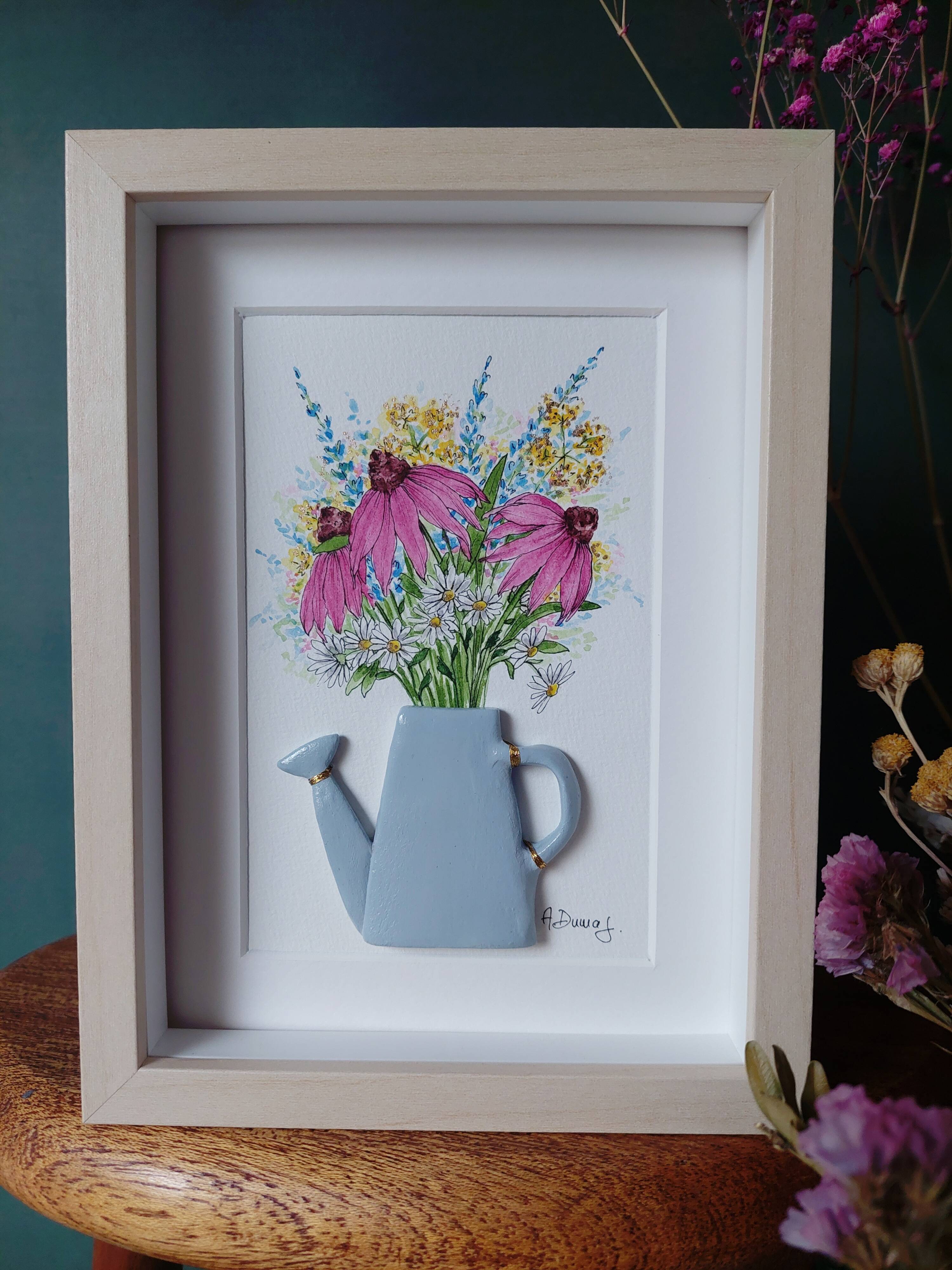 Composition of a bouquet of watercolor garden flowers in a handmade clay watering can