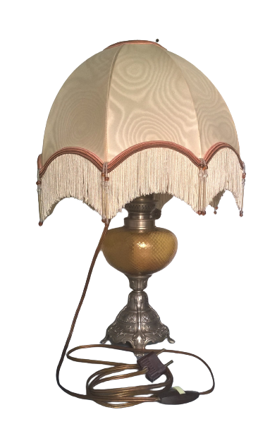 Electrified kerosene lamp art-deco- regulated silver and tinted glass with its original lampshade