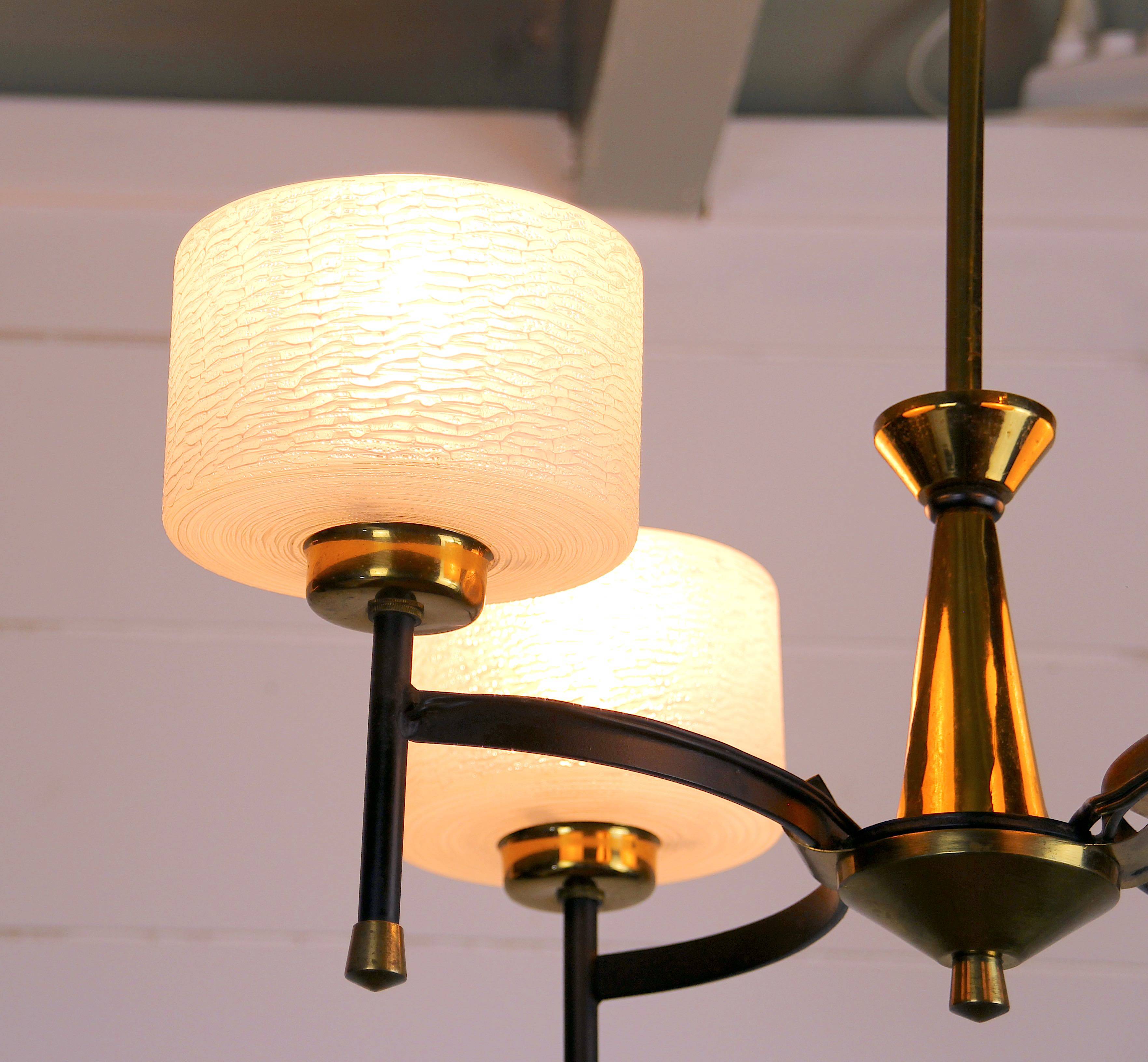 Maison Arlus, Mid-century chandelier, brass and opaline, France 1950